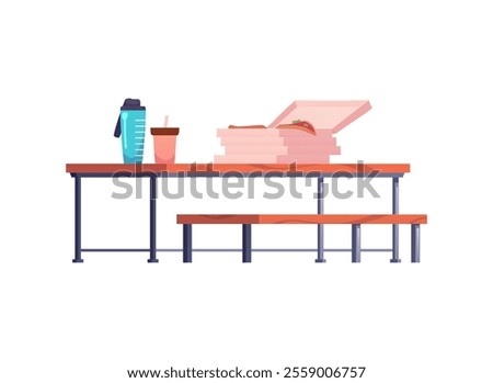 Pizza and drinks on the table with bench vector flat illustration. Cartoon recreation and lounge public area illustration isolated on white. Fast food packaging box stack and beverage bottle cups