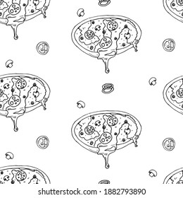 Pizza con queso goteante sin costura. Elementos negros sobre un fondo blanco. Ilustración vectorial. Diseño de empaque para su restaurante.