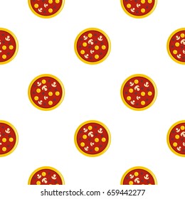 Pizza with egg yolk, olives, mushrooms and tomato sauce pattern seamless flat style for web vector illustration