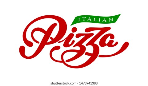 Pizza elegant hand written vector lettering isolated on white background. RGB. Global color