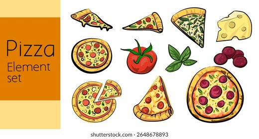 Pizza element set, editable vector for design. Chesse, paperoni, basil, tomato, and beef slice. Food illustration.
