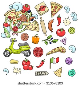 Pizza elements black and white design vector illustration,
italian food, italian cuisine, pizza, slice, background