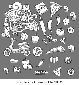 Pizza elements black and white design vector illustration,
italian food, italian cuisine, pizza, slice, background