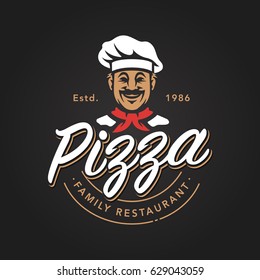 Pizza emblem design with smiling chef. Pizzeria vector logo template on black background. Vector emblem for cafe, restaurant or food delivery service.