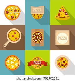Pizza emblem icons set. Flat set of 9 pizza emblem vector icons for web with long shadow