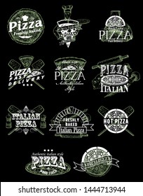 Pizza emblem, logo, label and badge set, vector hand drawn illustration in retro style. Pizzeria restaurant menu vintage typography design.