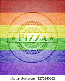 Pizza emblem on mosaic background with the colors of the LGBT flag