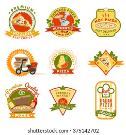 Pizza emblems set with fresh ingredients and premium quality symbols cartoon isolated vector illustration 