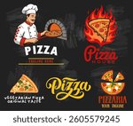 Pizza emblems vector collection strengthens the image of your business. Special graphics are used in promotional activities. 