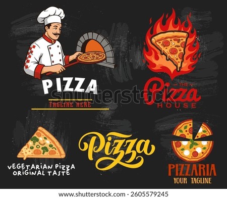 Pizza emblems vector collection strengthens the image of your business. Special graphics are used in promotional activities. 