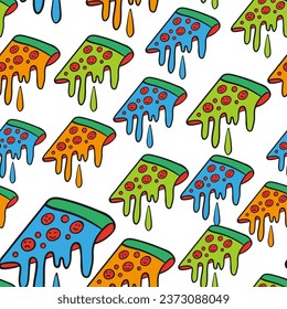 pizza with emoji in vector.pattern with subcultural object.pizza with dripping cheese. pattern for fabric, background, print. Series of teenage patterns and icons