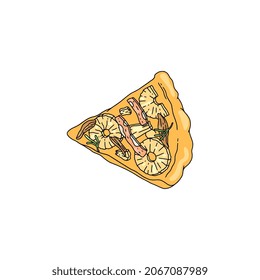 Pizza with exotic ingredients such as pineapple and ham, hand drawn colorful vector illustration isolated on white background. Modern pizza recipe of Italian cuisine.