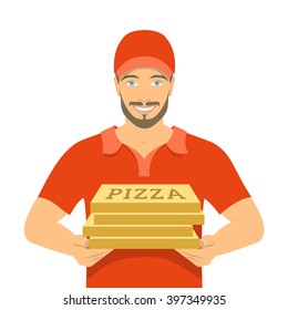 Pizza express delivery boy holding cardboard boxes. Vector flat illustration. Handsome friendly young man in a red T-shirt and uniform cap. Concept, isolated on white