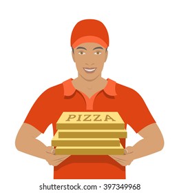Pizza express delivery boy holding cardboard boxes. Vector flat illustration. African American handsome friendly young man in a red T-shirt and uniform cap.  Concept, isolated on white