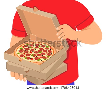 Pizza express delivery boy holding cardboard boxes. Vector flat illustration. Handsome friendly young man in a red T-shirt and uniform cap. Concept, isolated on white