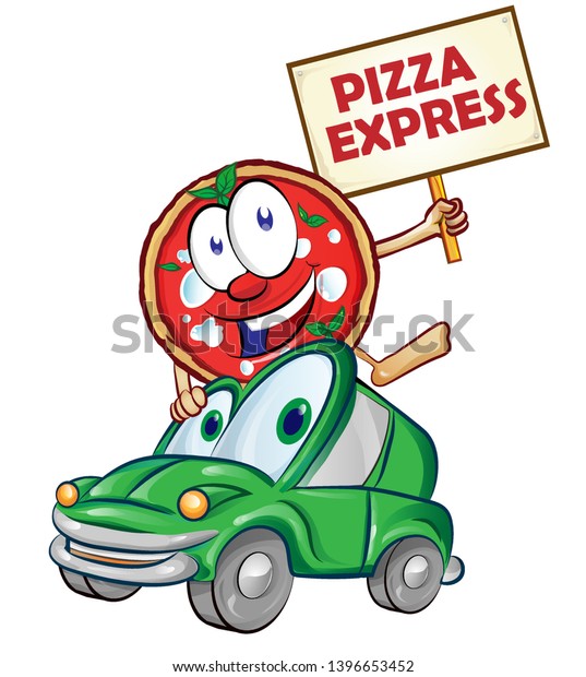 Pizza express\
delivery car cartoon with\
signboard