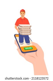 Concepto de entrega rápida de pizza. El cliente realiza un pedido en línea usando la aplicación para smartphone y lo recibe rápidamente. Un joven y simpático repartidor entrega varias cajas de pizza al cliente. Ilustración vectorial plana
