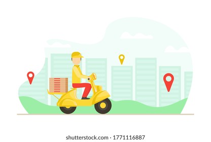 Pizza Express Delivery Service, Male Courier in Uniform Delivering Food with Yellow Motor Bike Flat Vector Illustration