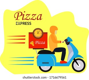 Pizza express vector concept with a figure wearing pizza delivery uniform while riding its express scooter quickly