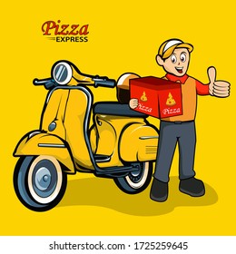 Pizza Express vector illustration. a man carrying a pizza box. Pizza delivery with a scooter