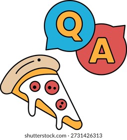 Una pizza con una cara dibujada y las letras Q y A encima. La pizza está cubierta de salsa y tiene una cara sonriente