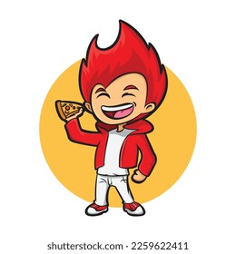 Pizza fashion red guy vector isolated on white background—stylish red boy eating pizza illustration.