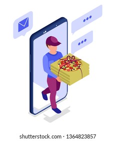 Pizza fast delivery. Isometric mobile app. Flat illustration on a white background
