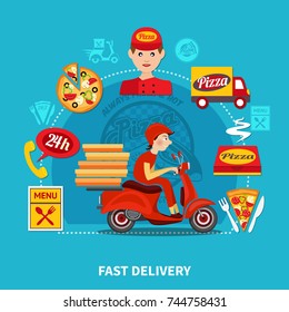 Pizza fast delivery round composition of isolated motorbike and pizza package images with funny human characters vector illustration