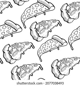 Pizza, fast food, hand drawn vector seamless pattern isolated on bright background, Concept for menu, cards, print