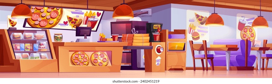 Pizza and fast food restaurant interior. Vector cartoon illustration of pizzeria with tables and chairs, menu board, coffee machine, oven, cash register on counter, burgers on shelf, posters on wall