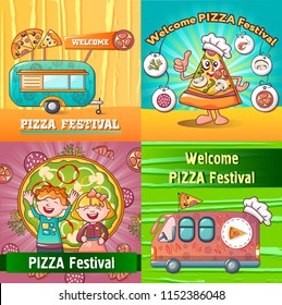 Pizza festival food party banner concept set. Cartoon illustration of 4 pizza festival food party vector banner concepts for web