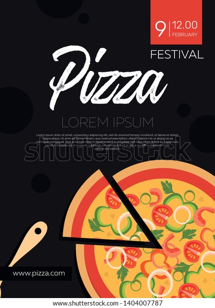 Pizza Festival,\
poster, banner, flyer vertical option, realistic pizza with\
ingredients on a dark background. Pizzeria design concept for\
cafes, restaurants. Vector\
illustration