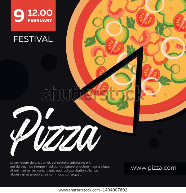 Pizza festival,\
poster, banner, flyer with realistic pizza with ingredients on dark\
background. Pizzeria design concept for cafes, restaurants. Vector\
illustration\
