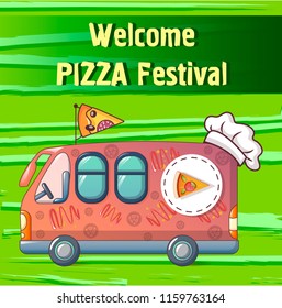 Pizza festival truck concept background. Cartoon illustration of pizza festival truck vector concept background for web design