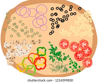 Pizza filling: tomatoes, onion, pepper, olives, mushrooms, greenery, cheese. Pizza crust. Pizza ingredients vector design