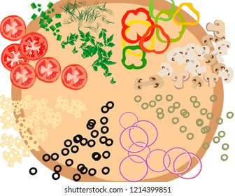 Pizza filling: tomatoes, onion, pepper, olives, mushrooms, greenery, cheese. Pizza crust. Pizza ingredients vector design
