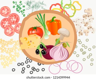 Pizza filling: tomatoes, onion, pepper, olives, mushrooms, greenery, cheese. Pizza crust. Pizza ingredients vector design