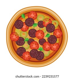 Pizza with fillings cartoon illustration. Margherita, pepperoni, seafood, vegetarian, Hawaiian. Pizza with chicken, mushrooms or tomato. Traditional Italian food concept