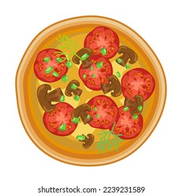 Pizza with fillings top view cartoon illustration. Pepperoni, seafood, vegetarian, Hawaiian. Pizza with chicken, mushrooms or tomato. Traditional Italian food concept