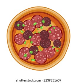 Pizza with fillings top view cartoon illustration. Margherita, pepperoni, seafood, vegetarian, Hawaiian. Pizza with chicken and tomato. Traditional Italian food concept