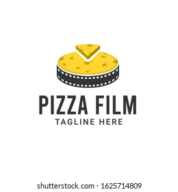 Pizza film maker logo design. Film strip with pizza vector illustration for movie studio production graphic template.