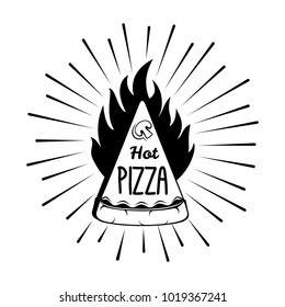 Pizza in fire with beams. Logo icon vector pizza illustration