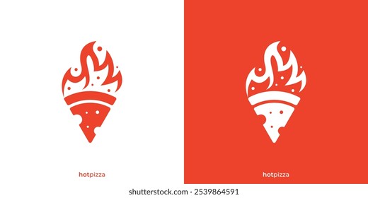 Logotipo da Pizza Fire. Fatia Pizza e Fogo com Estilo Minimalista. Logotipo de Pizza Quente, Ico, Símbolo, Vetor, Inspiração Design.