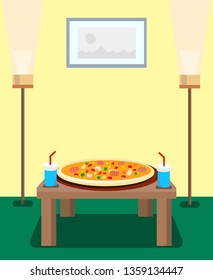 Pizza and Fizzy Drinks Cartoon Vector Illustration. Unhealthy Food on Coffee Table. Takeout Meal for Dinner. Soda, Soft Drinks, Beverages in Takeaway Plastic Cups. High-Fat, High-Sugar Lunch