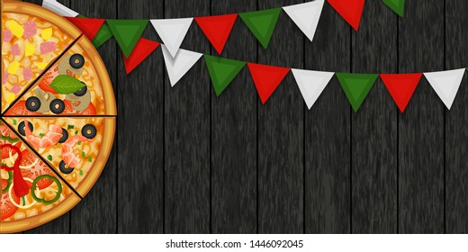 Pizza and flags of national colors of Italy on black wood background. Template for your design. Pizza menu. For advertisements, menu. Vector illustration.