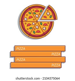 Diseño plano de pizza con cajas de reparto, vista superior de caricatura 