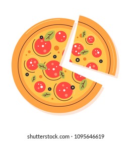 Pizza flat design illustration. Menu design. Trandy colors. Pizza logo. Restaurant outfit. Pizza Margharita. 