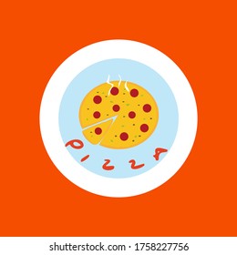 Pizza  flat icon in cartoon style with salami and olives on blue and white round circle. Vector illustration isolated on orange background