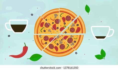 Pizza flat icon isolated on light background. Pizza piece vegetarian slice. Cups of tea, chili pepper, vitamin leaves. Set for breakfast or dinner. Vector design element