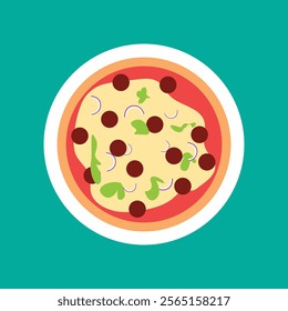 Pizza flat icon isolated on color background. Pizza food silhouette. Pizza piece, vegetarian slice. Food menu illustration isolated. Pizza vector. Vector design element